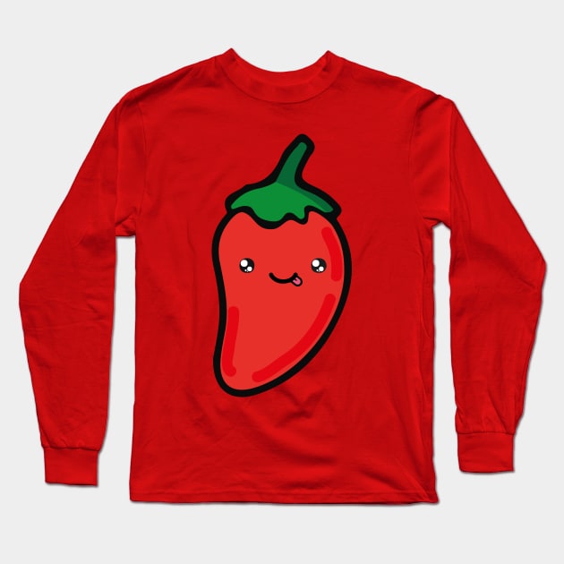 Adorable red chilli pepper kawaii Mexican spicy food cute hot sauce Long Sleeve T-Shirt by T-Mex